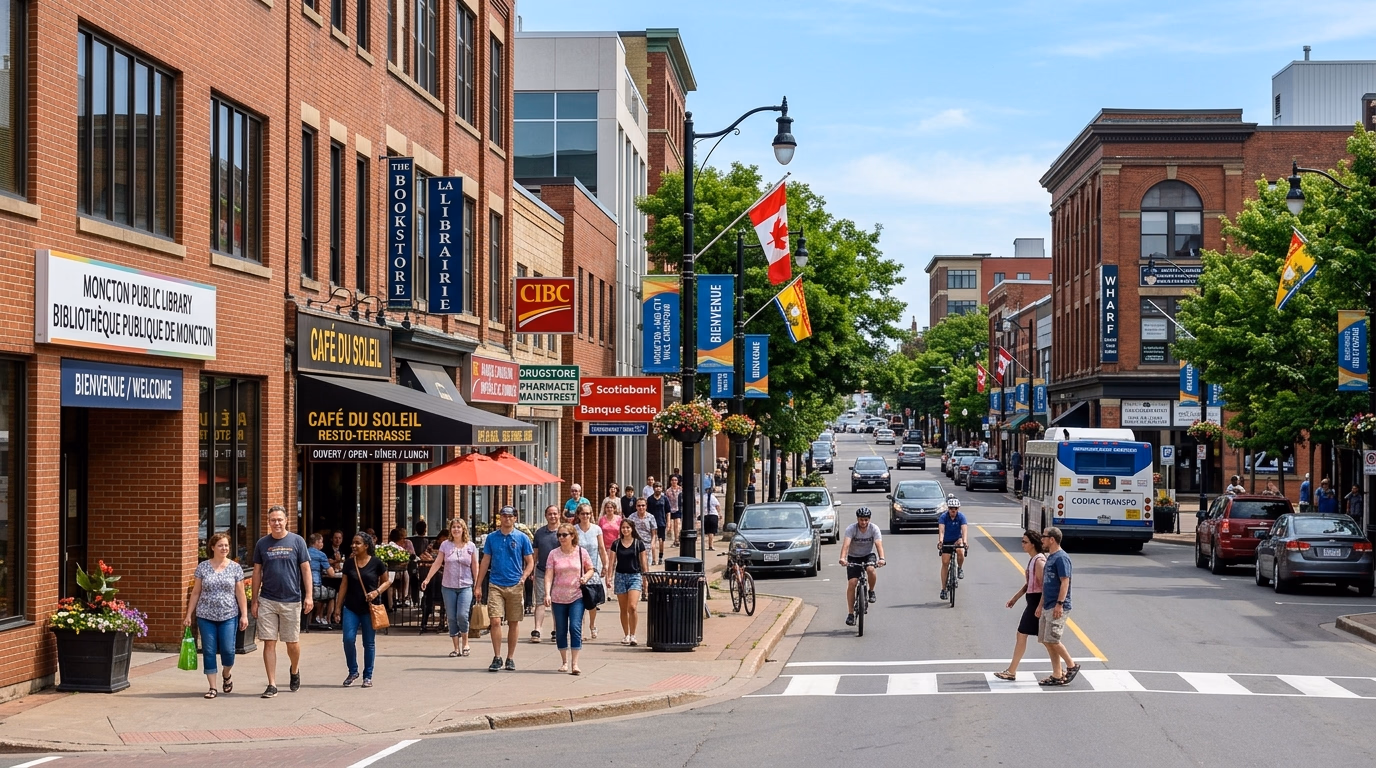 Rua principal de Moncton com sinalização bilíngue inglês-francês