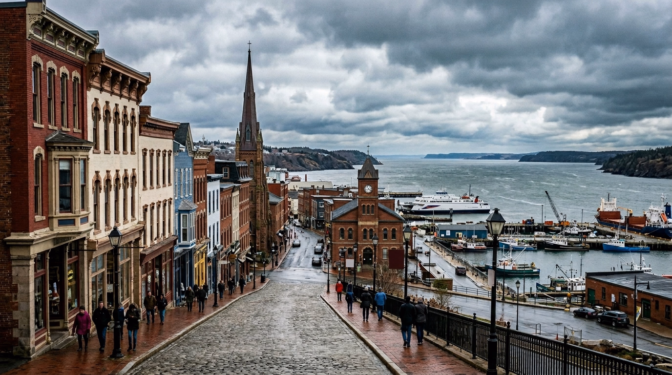 Saint John com a Baía de Fundy e arquitetura vitoriana dramática sob céu nublado