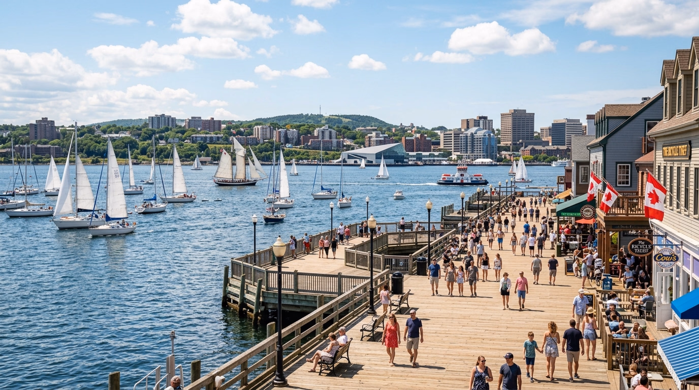 Orla marítima de Halifax com veleiros e Dartmouth ao fundo em tarde de verão