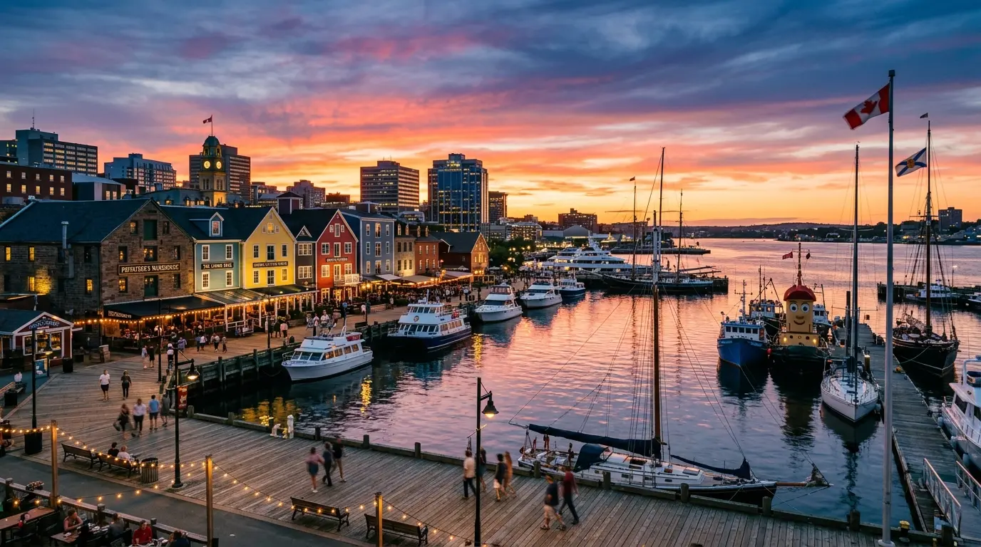 Orla marítima de Halifax com barcos ancorados e edifícios históricos coloridos