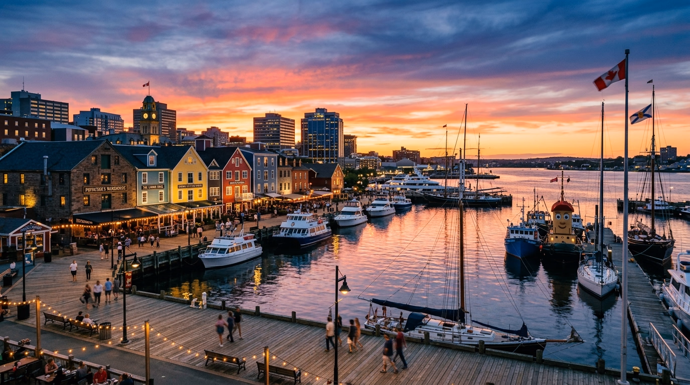 Orla marítima de Halifax com barcos ancorados e edifícios históricos coloridos