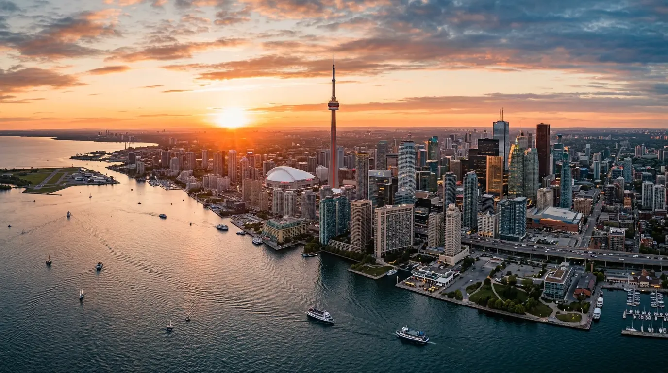 Skyline de Toronto ao entardecer com a CN Tower refletida no Lago Ontário