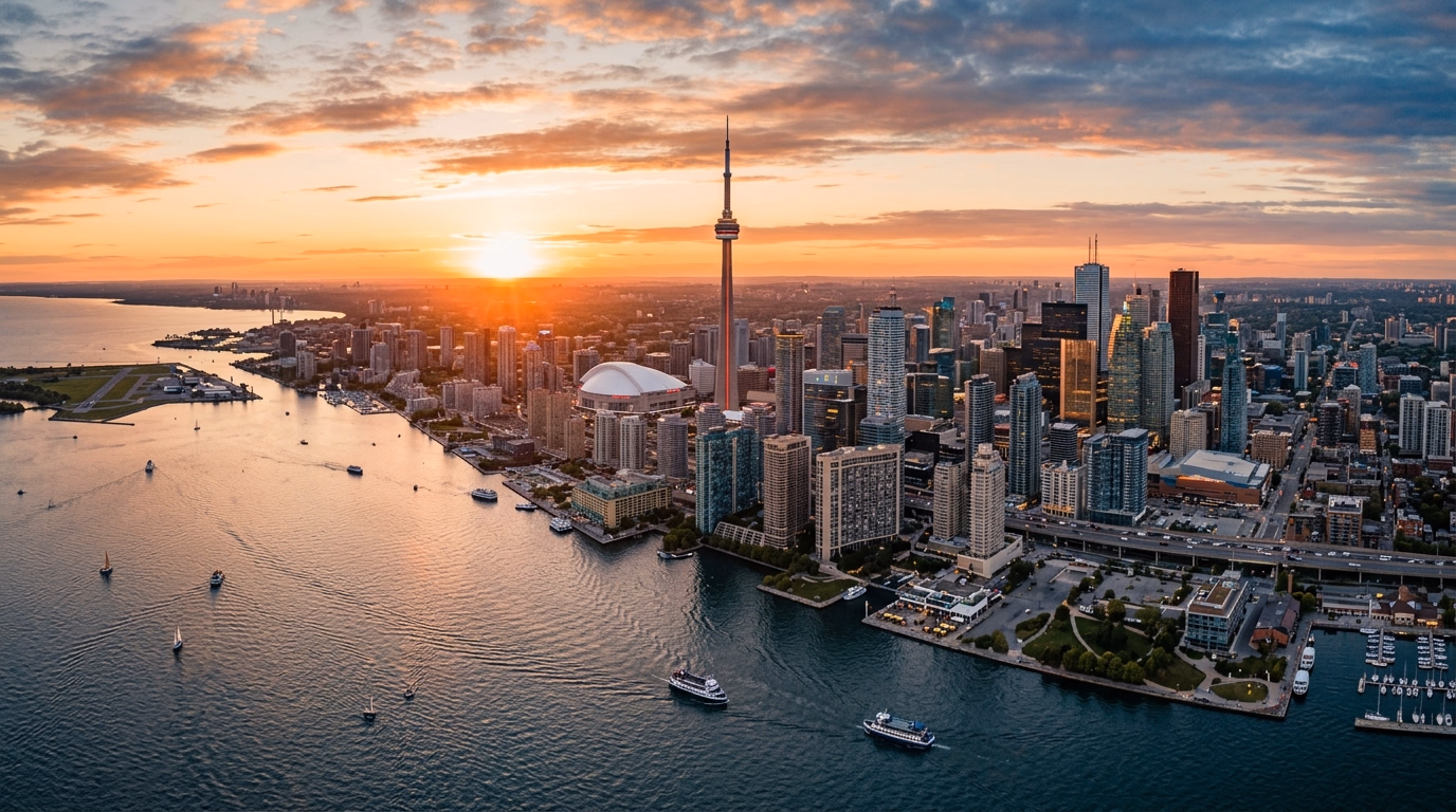Skyline de Toronto ao entardecer com a CN Tower refletida no Lago Ontário