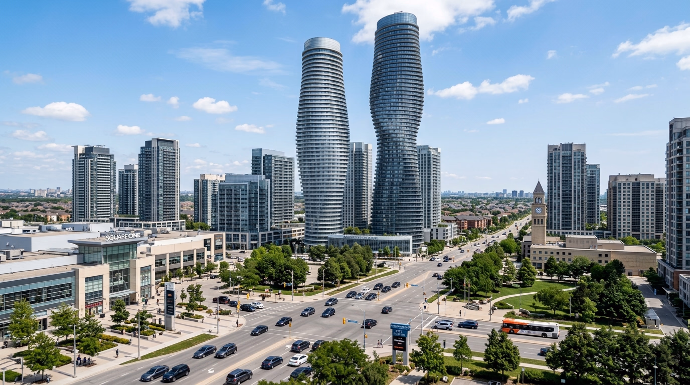 Centro de Mississauga com as torres Absolute World e arquitetura urbana moderna