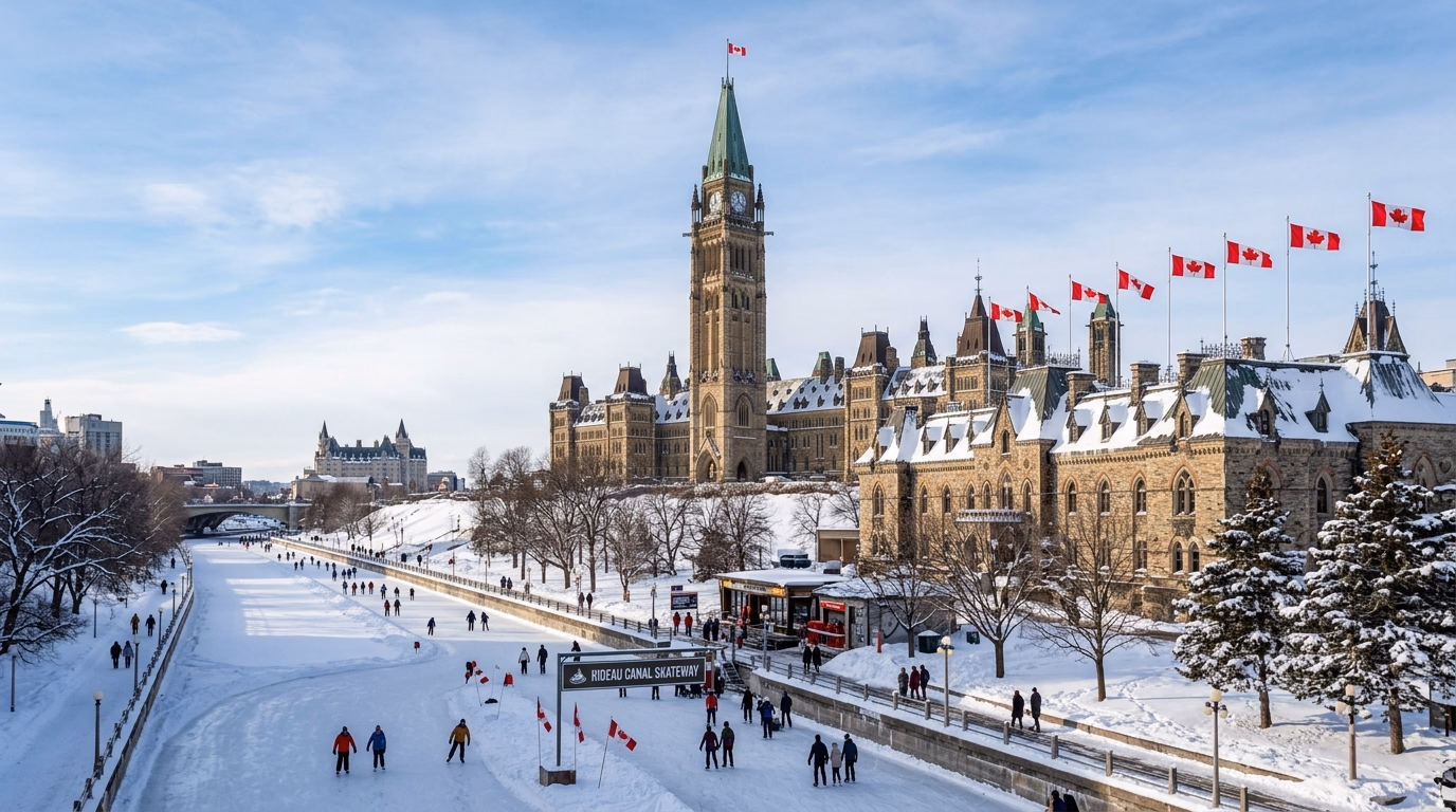 Colina do Parlamento em Ottawa com a Torre da Paz e o Canal Rideau no inverno