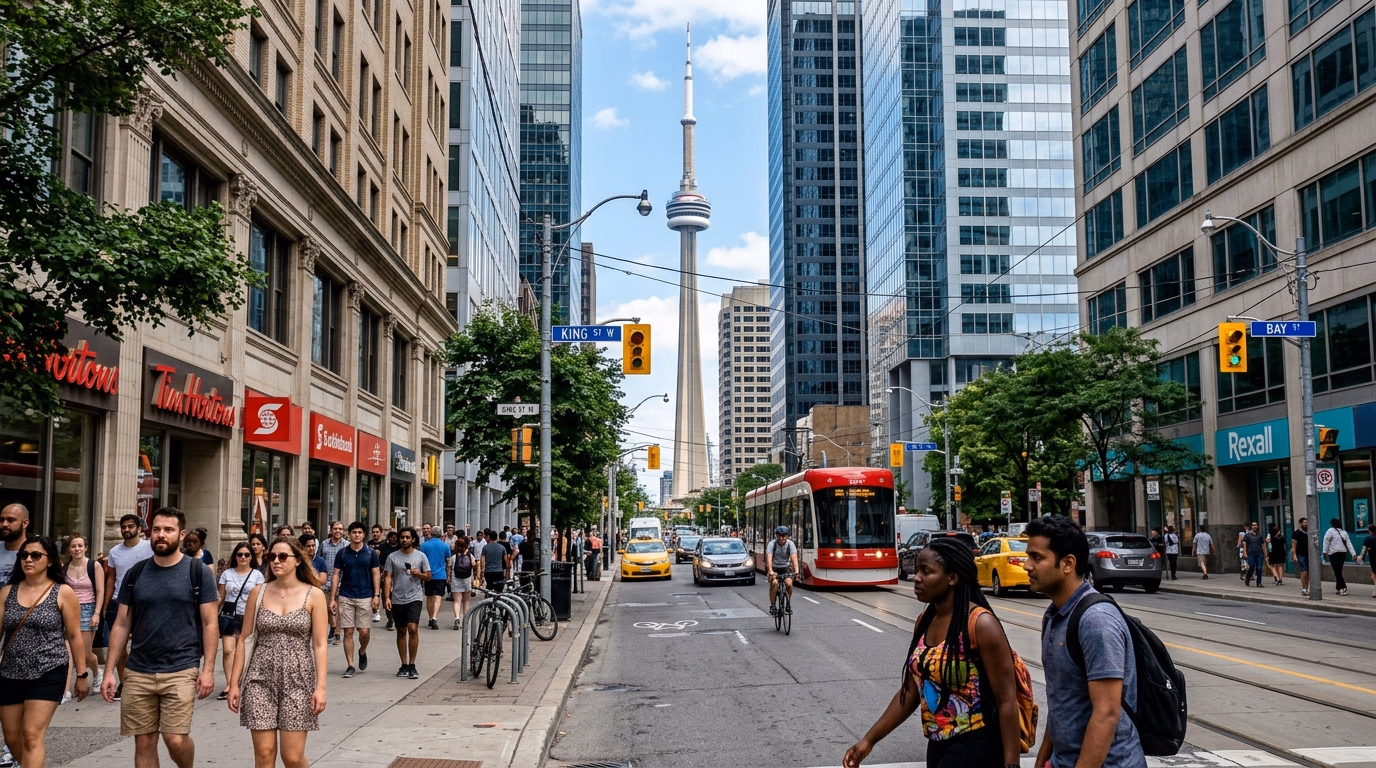 Rua do centro de Toronto com a CN Tower entre os arranha-céus e pessoas diversas