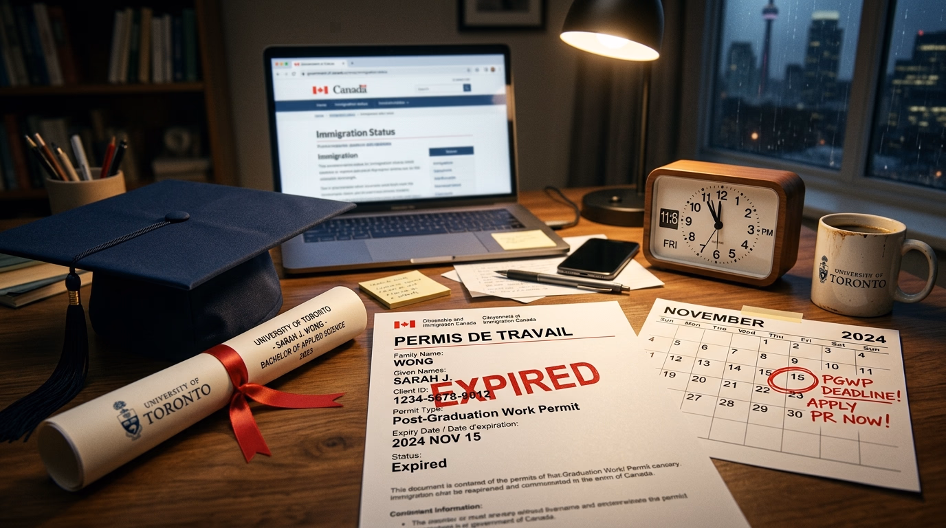 Chapéu de formatura e diploma ao lado de work permit expirado e calendário com prazo circulado