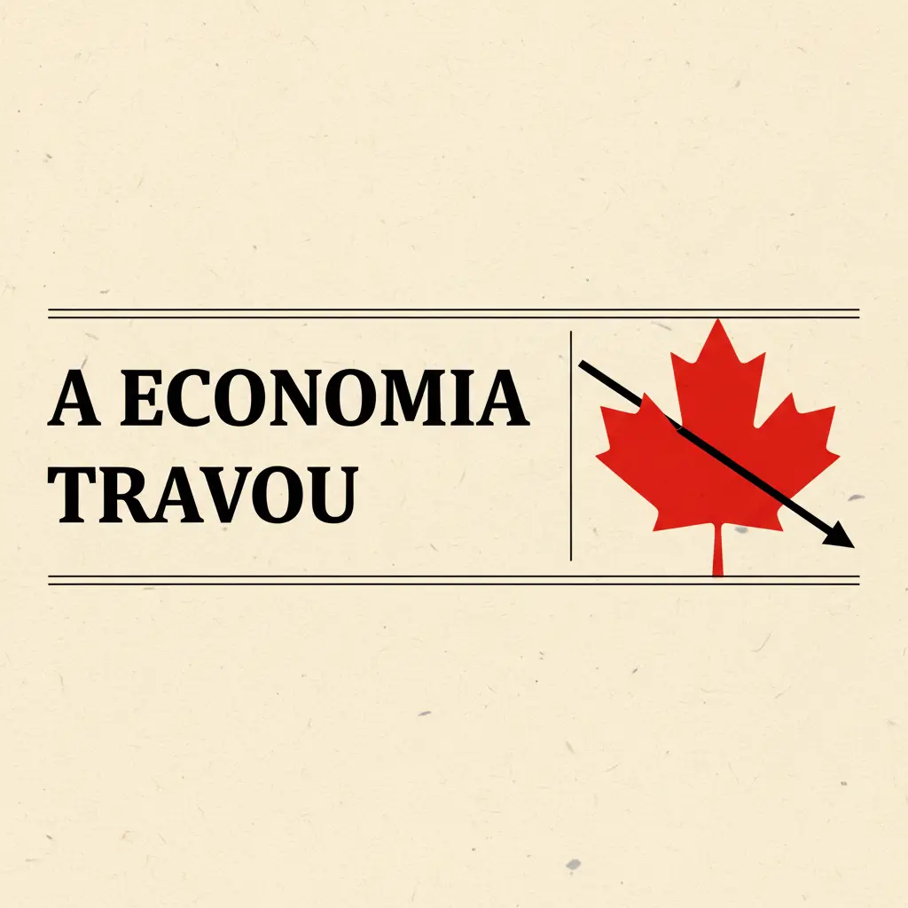 Capa editorial em papel creme: manchete A economia travou, folha de bordo vermelha e uma seta de gráfico apontando para baixo.