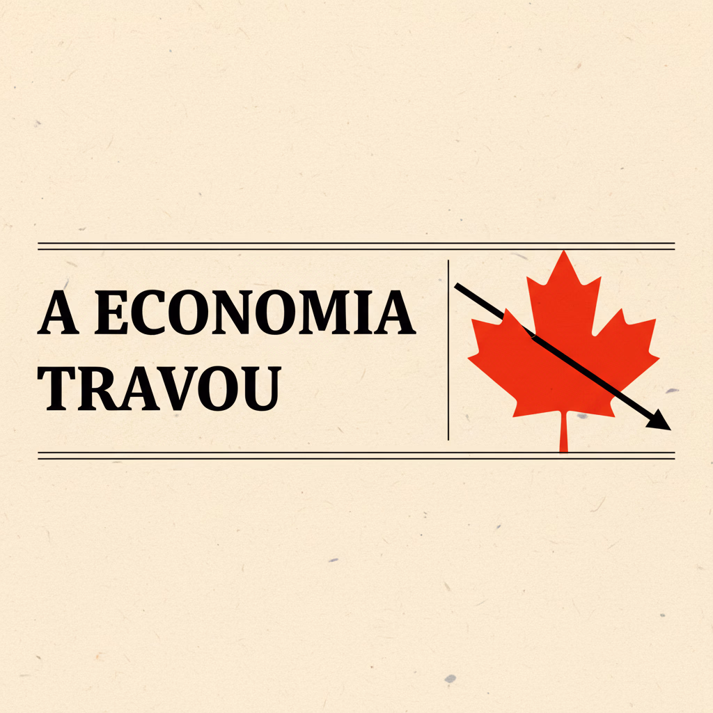 Capa editorial em papel creme: manchete A economia travou, folha de bordo vermelha e uma seta de gráfico apontando para baixo.