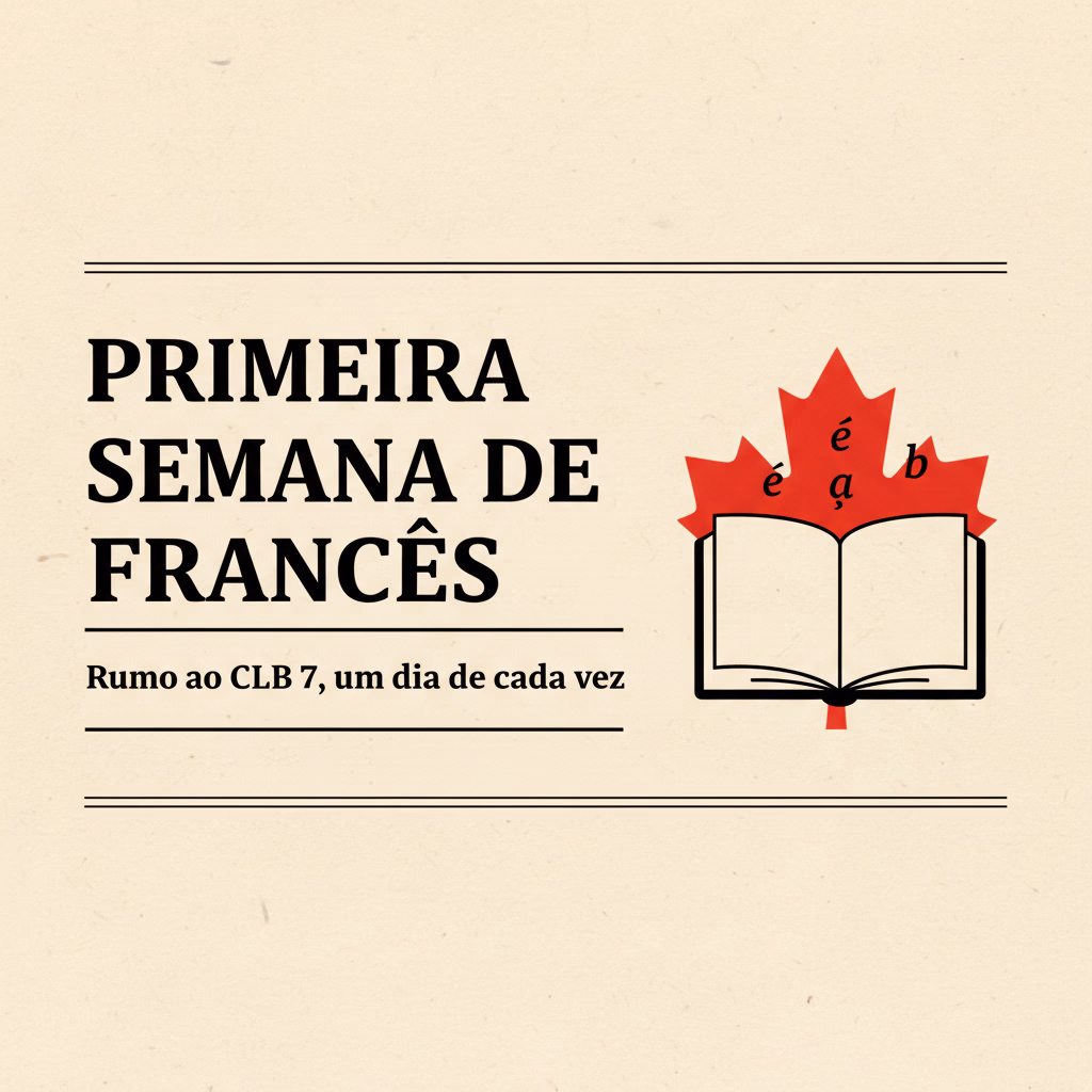 Capa editorial em papel creme: manchete Primeira semana de francês, folha de bordo vermelha e um livro aberto.