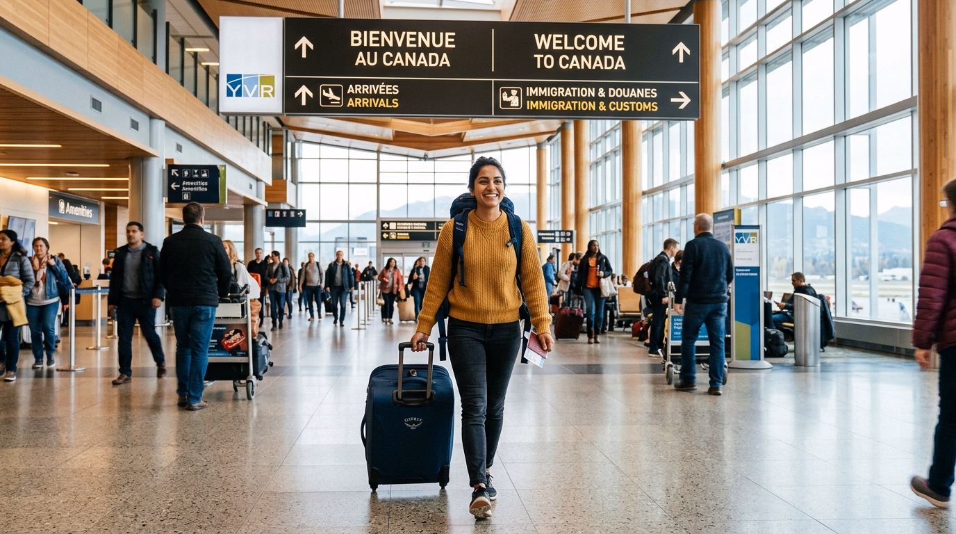 Pessoa chegando no aeroporto canadense com malas