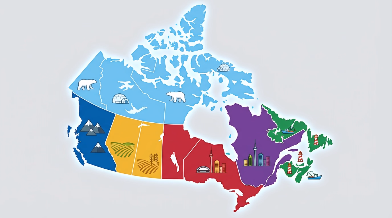 Mapa colorido do Canadá mostrando as diferentes províncias