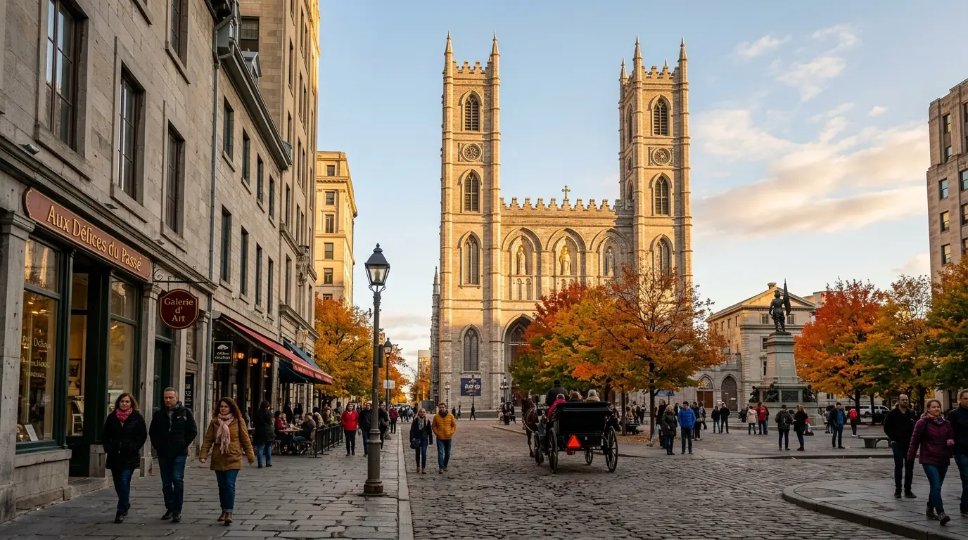 Bairro histórico de Montreal com a Basílica Notre-Dame e ruas de paralelepípedo
