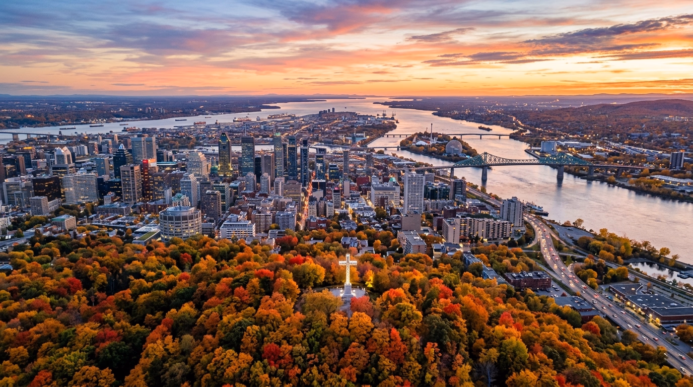 Montreal vista do Monte Real ao pôr do sol com folhagem de outono e o Rio São Lourenço
