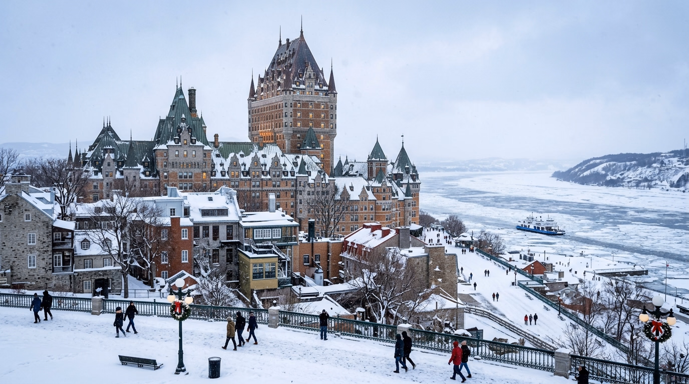 Vieux-Quebec com o Chateau Frontenac nevado e o Rio São Lourenço ao fundo