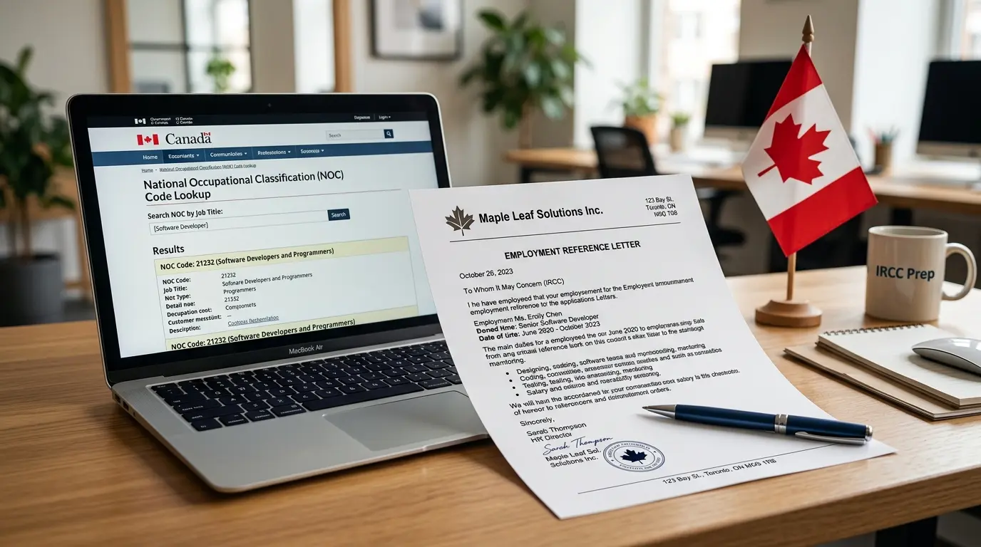Carta de referência profissional em papel timbrado ao lado de laptop mostrando códigos NOC