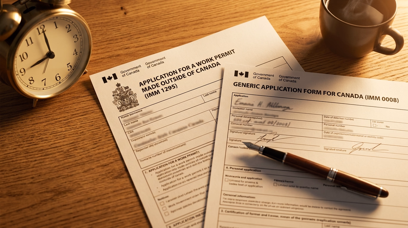 Relógio analógico em frente a papéis de permissão de trabalho canadense sobre mesa de madeira
