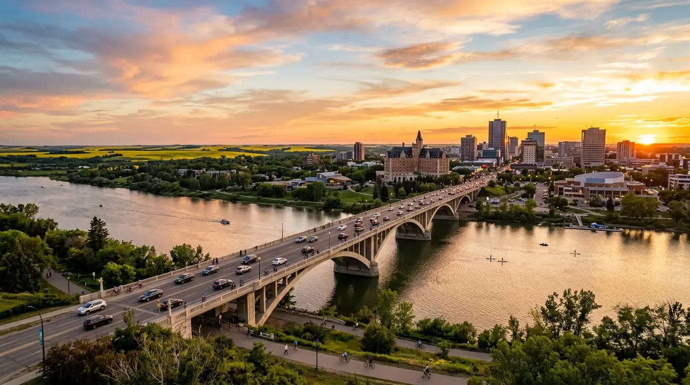 Ponte Broadway em Saskatoon sobre o Rio Saskatchewan do Sul ao entardecer