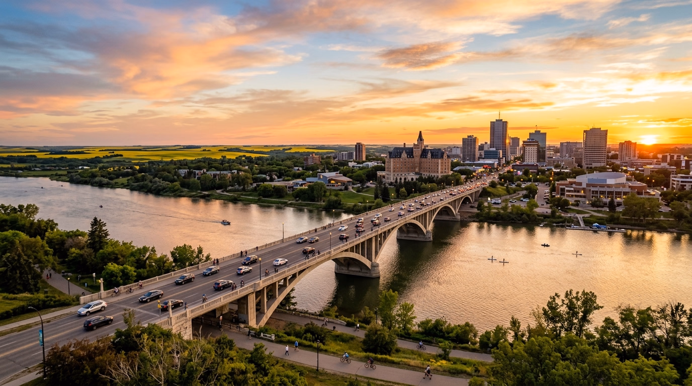 Ponte Broadway em Saskatoon sobre o Rio Saskatchewan do Sul ao entardecer