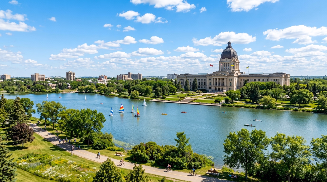 Lago Wascana em Regina com o Edifício Legislativo de Saskatchewan ao fundo