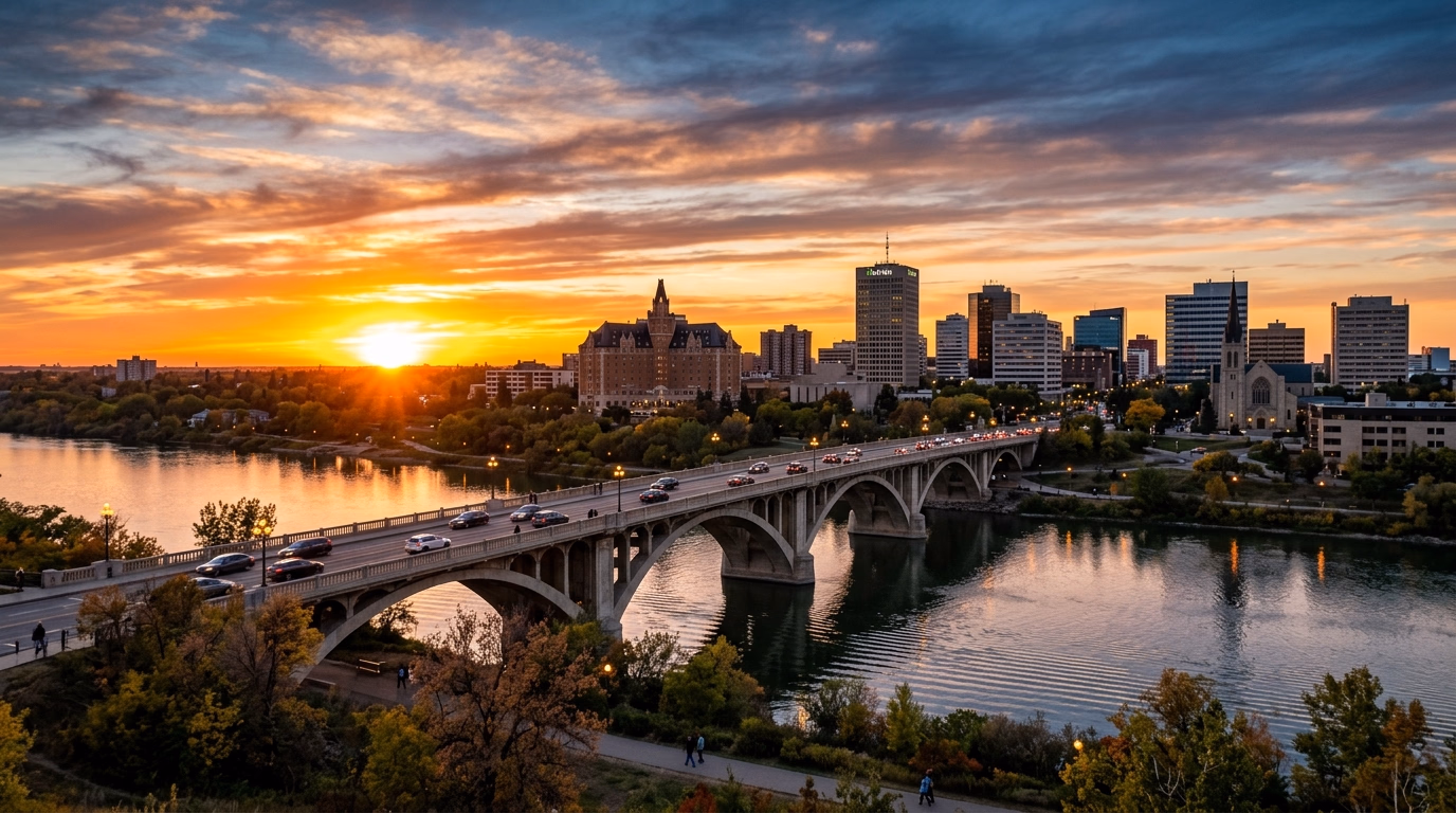 Ponte Broadway em Saskatoon sobre o Rio Saskatchewan do Sul ao pôr do sol das pradarias
