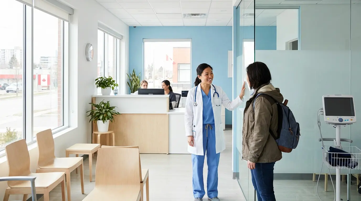 Clínica de saúde moderna no Canadá com médico atendendo paciente