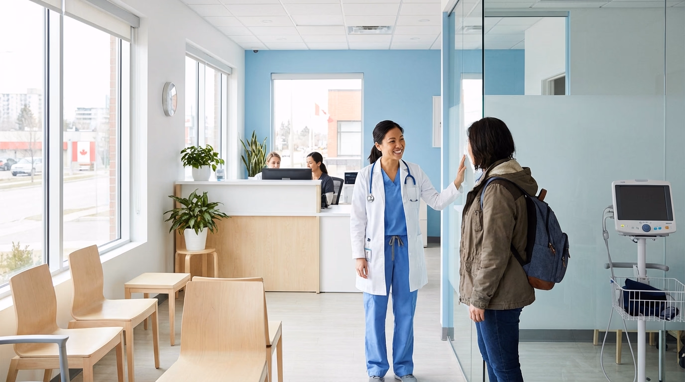 Clínica de saúde moderna no Canadá com médico atendendo paciente