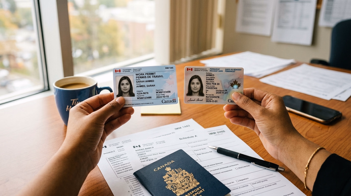 Mãos segurando work permit e cartão de residência permanente do Canadá sobre documentos de imigração