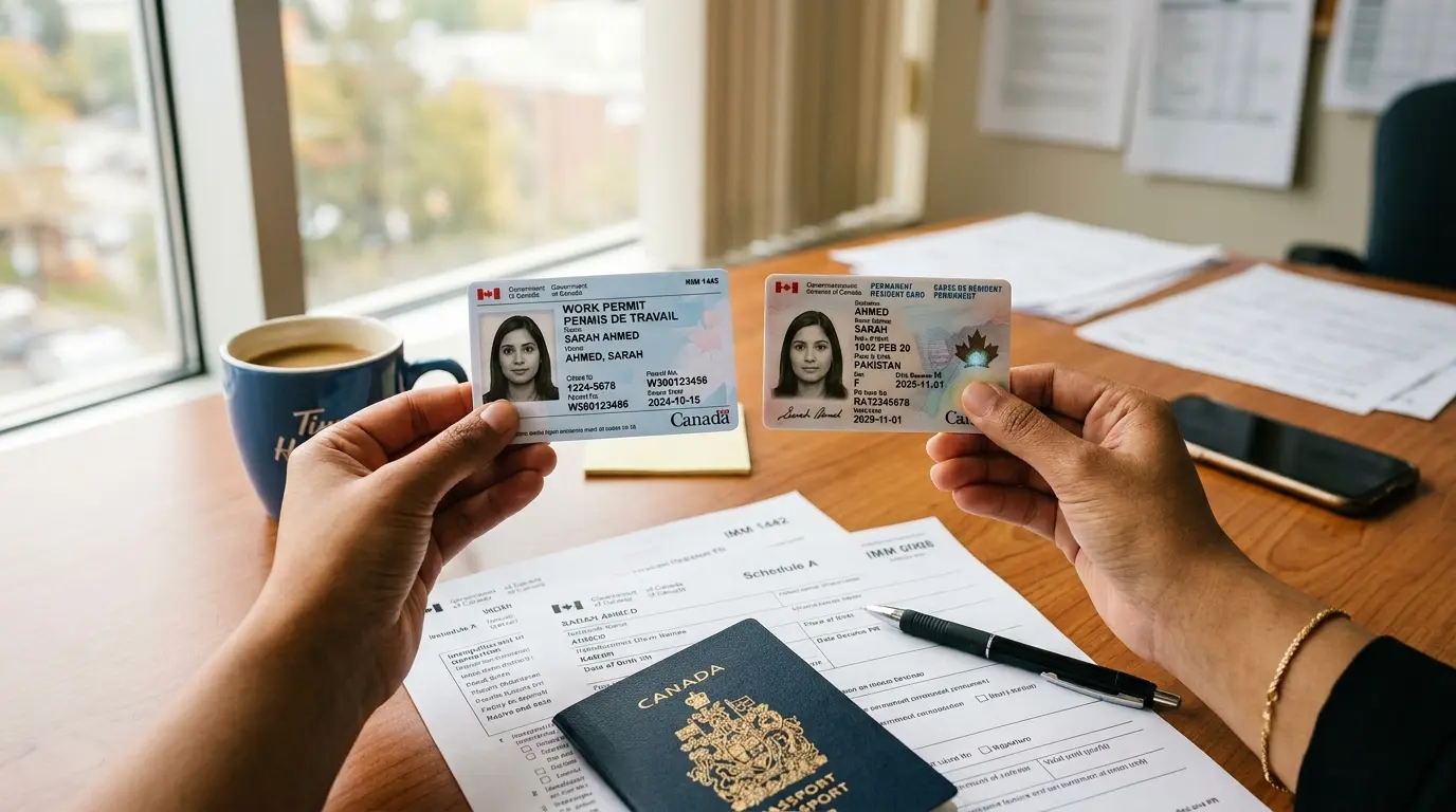 Mãos segurando work permit e cartão de residência permanente do Canadá sobre documentos de imigração