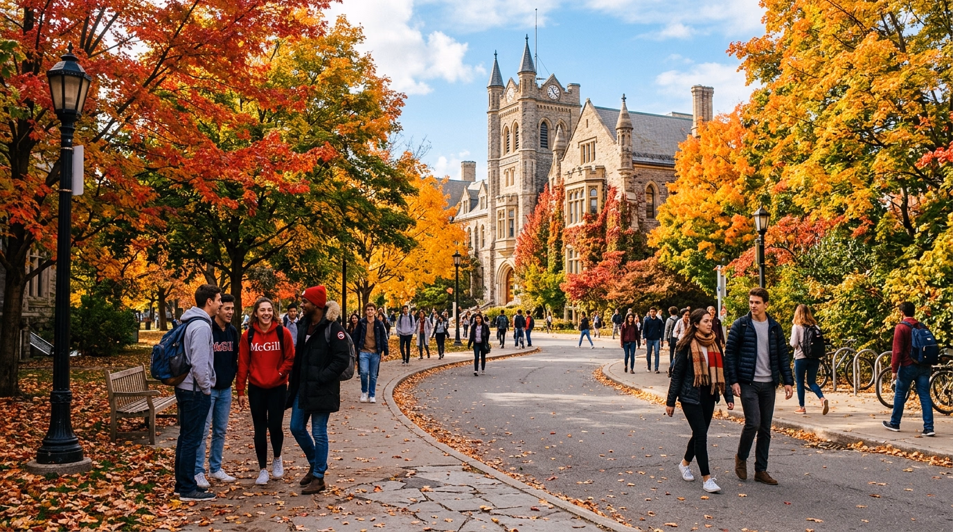 Campus universitário canadense no outono com estudantes