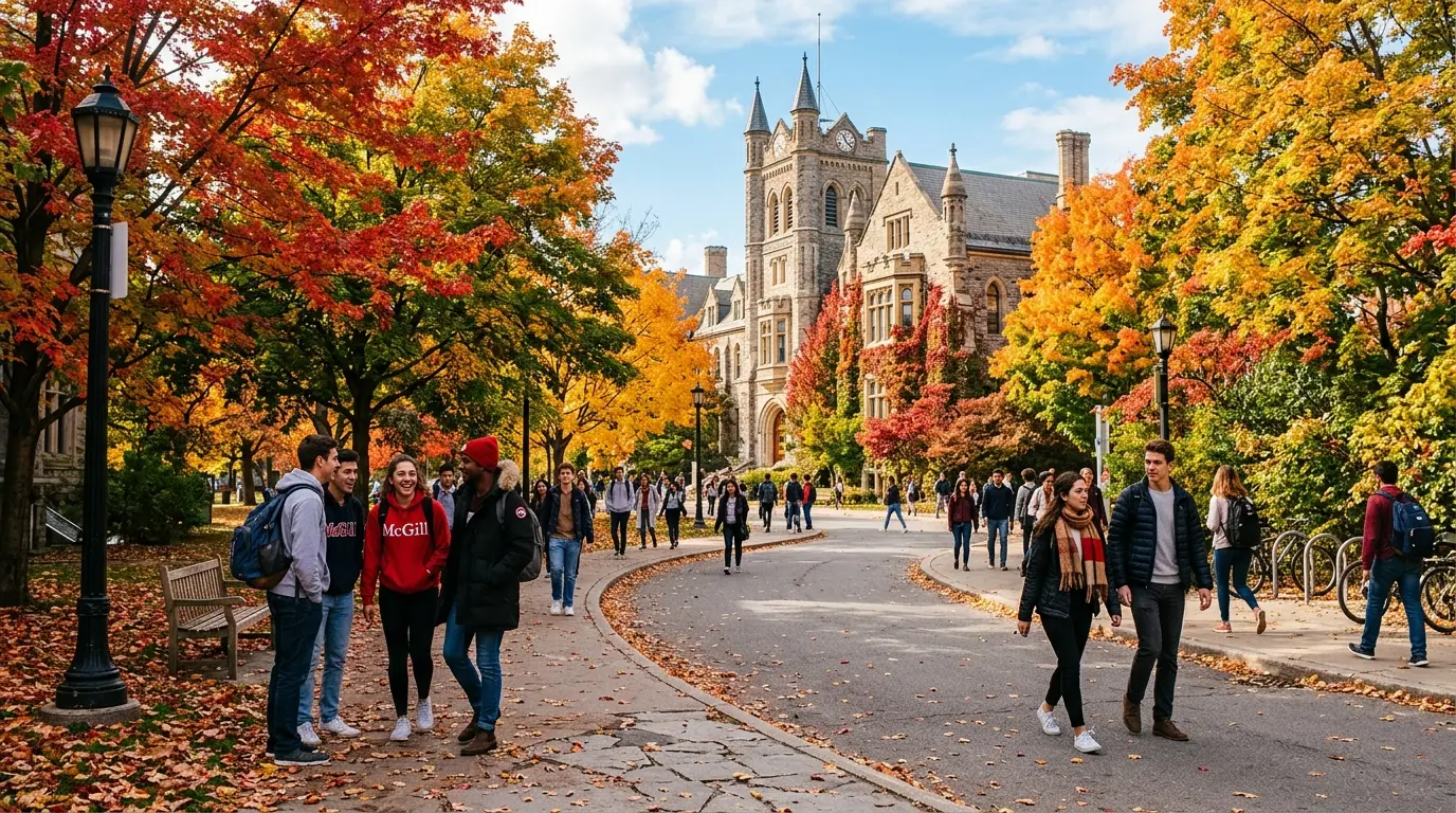 Campus universitário canadense no outono com estudantes